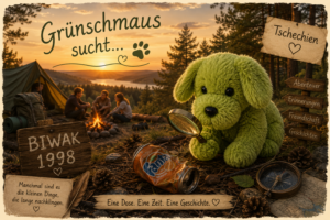 Im Sonnenuntergang sitzt Grünschmaus mit Lupe neben einer zerbeulten Fanta-Dose am Lagerfeuer in Tschechien.