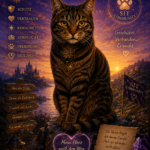 Vor violettem Abendhimmel sitzt eine getigerte Katze mit Herzanhänger, umgeben von SIT Community und goldenen Symbolen.