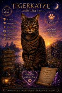 Vor violettem Abendhimmel sitzt eine getigerte Katze mit Herzanhänger, umgeben von SIT Community und goldenen Symbolen.