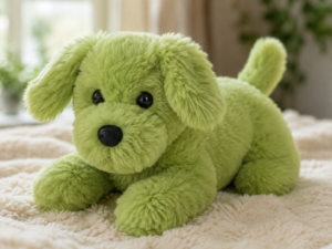 Ein grüner, flauschiger Plüschhund mit langen Schlappohren und schwarzer Nase liegt auf einer hellen, weichen Decke.