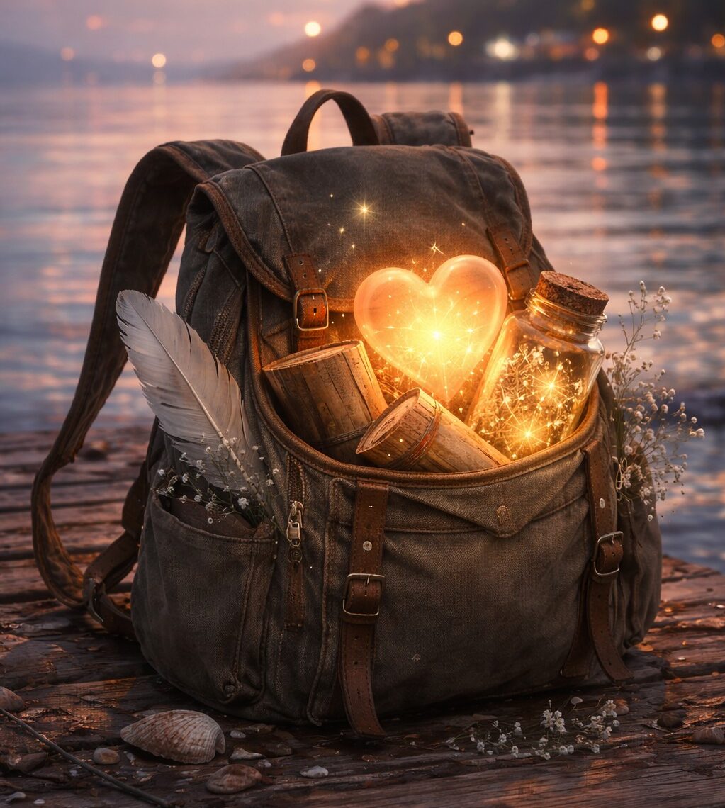 Ein dunkler Rucksack am Ufer zeigt ein leuchtendes Herz, ein Glas mit Funken und eine helle Feder im Abendlicht.
