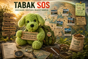 Grüner Grünschmaus mit großen Augen, Schlappohren und Rucksack sitzt vor einer Weltkarte mit Tabak-SOS-Hinweisen