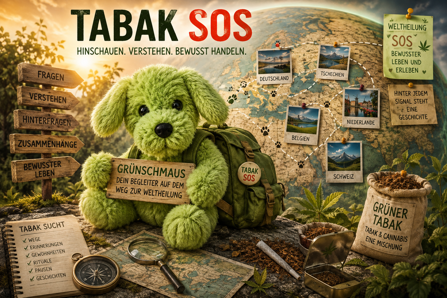 Grüner Grünschmaus mit großen Augen, Schlappohren und Rucksack sitzt vor einer Weltkarte mit Tabak-SOS-Hinweisen